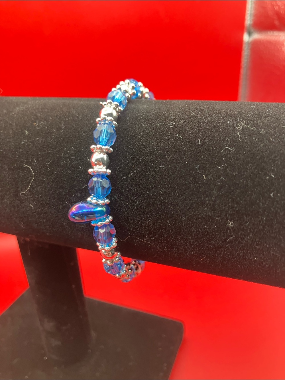 Handmade Upcycled Vintage Blue Glass Beaded Memory Wire Bracelet